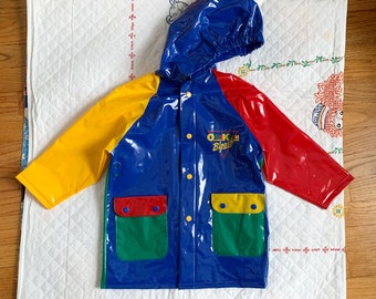 3-4T Vintage 1990s Kids Raincoat, Osh Kosh Color Block Hooded Vinyl Rain Jacket EXC