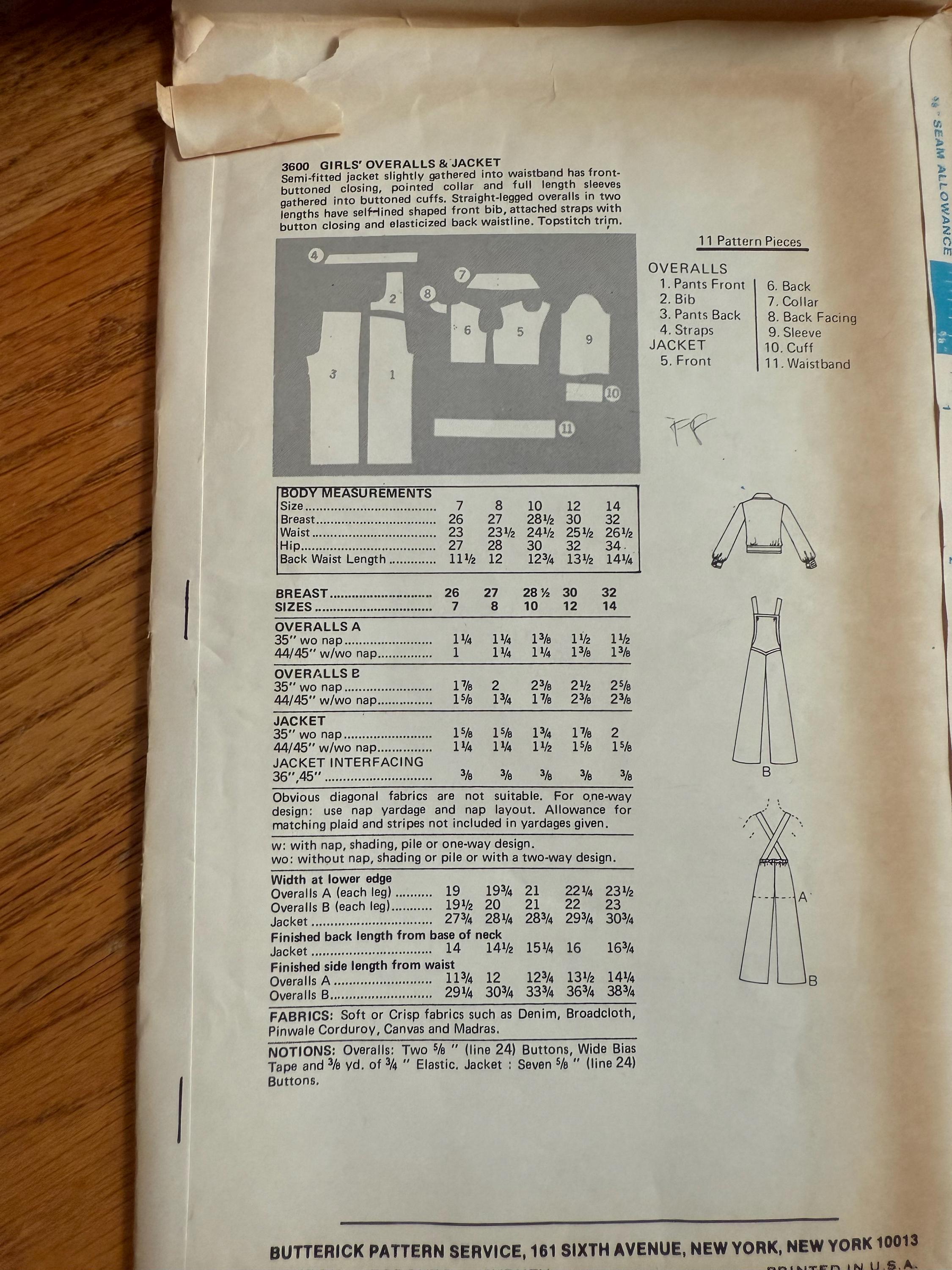 70s Girls Overalls & Jacket Sewing Pattern - Butterick 3600 FF (size 8 ...