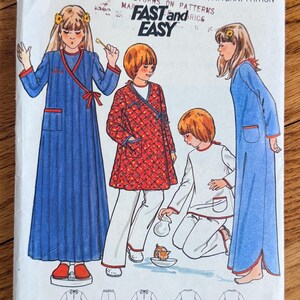 May include: Vintage Butterick sewing pattern 5129, size 8. The cover features illustrations of children's sleepwear, including a blue robe with red trim, a red quilted jacket, and white pajamas. The text "FAST and EASY" is visible.
