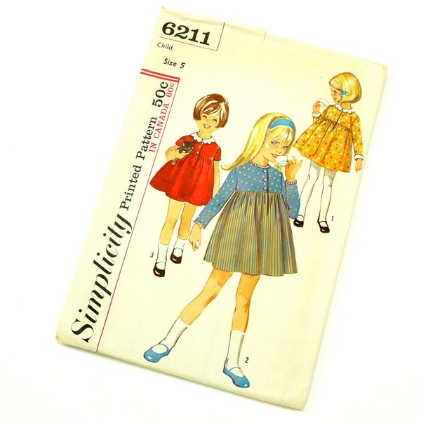 Child's Size 5 One Piece Gathered Skirt Dress 60s Simplicity Pattern 6211 / Complete