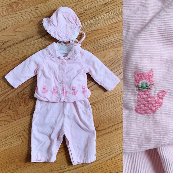 Vintage Baby Pant Corduroy Vintage Pants Infant Pants Footie 1970s 70s Pink White Lace 9M 9 Months 12M 12 Months