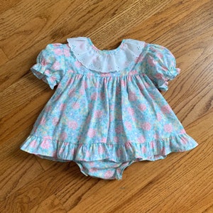 6M Vintage 1980s Baby Dress Bloomer Set, Cutest One Floral Print Dress Scalloped Back LIKE-NEW