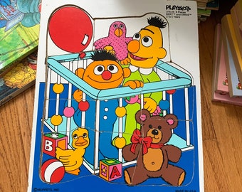 Vintage 1980s Toddler Puzzle, Playskool Baby Bert and Ernie Frame Tray Puzzle, Wooden Puzzle 9 Pieces