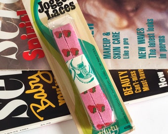 Vintage 1980s Shoelaces, Stay-Ty Jogger Laces 40"L NIP, Pink with Red Strawberries