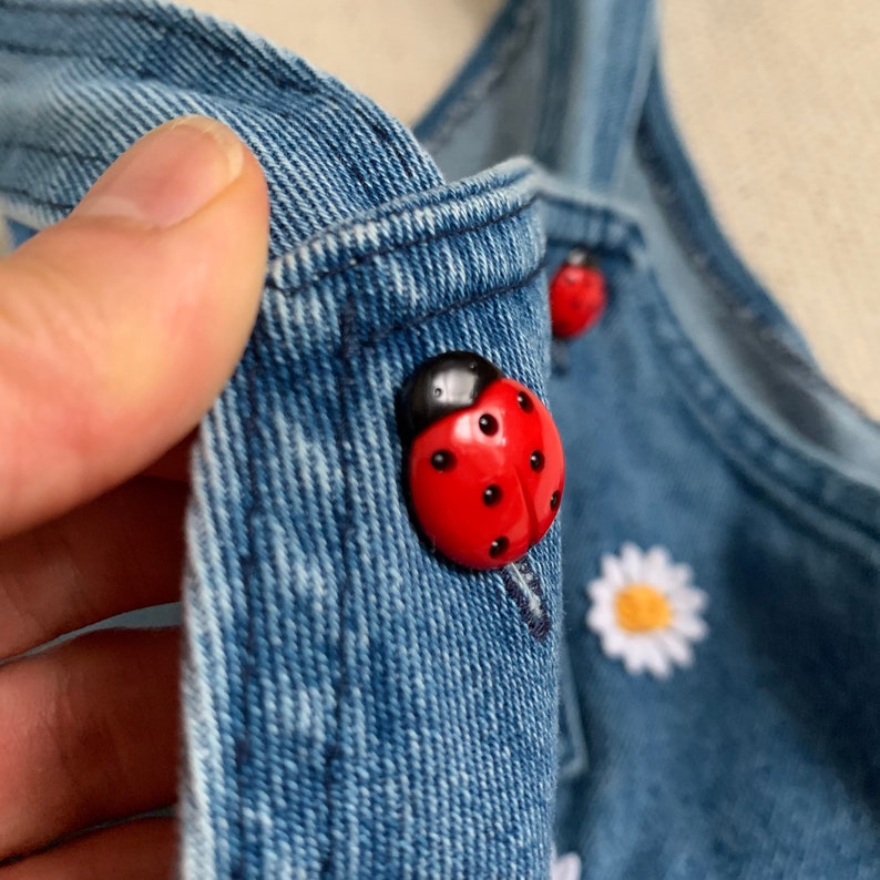 Size 6 Vintage 1990s Girls Dress, Buster Brown Suspender Dress w/ Lady Bug Buttons NWT image 3