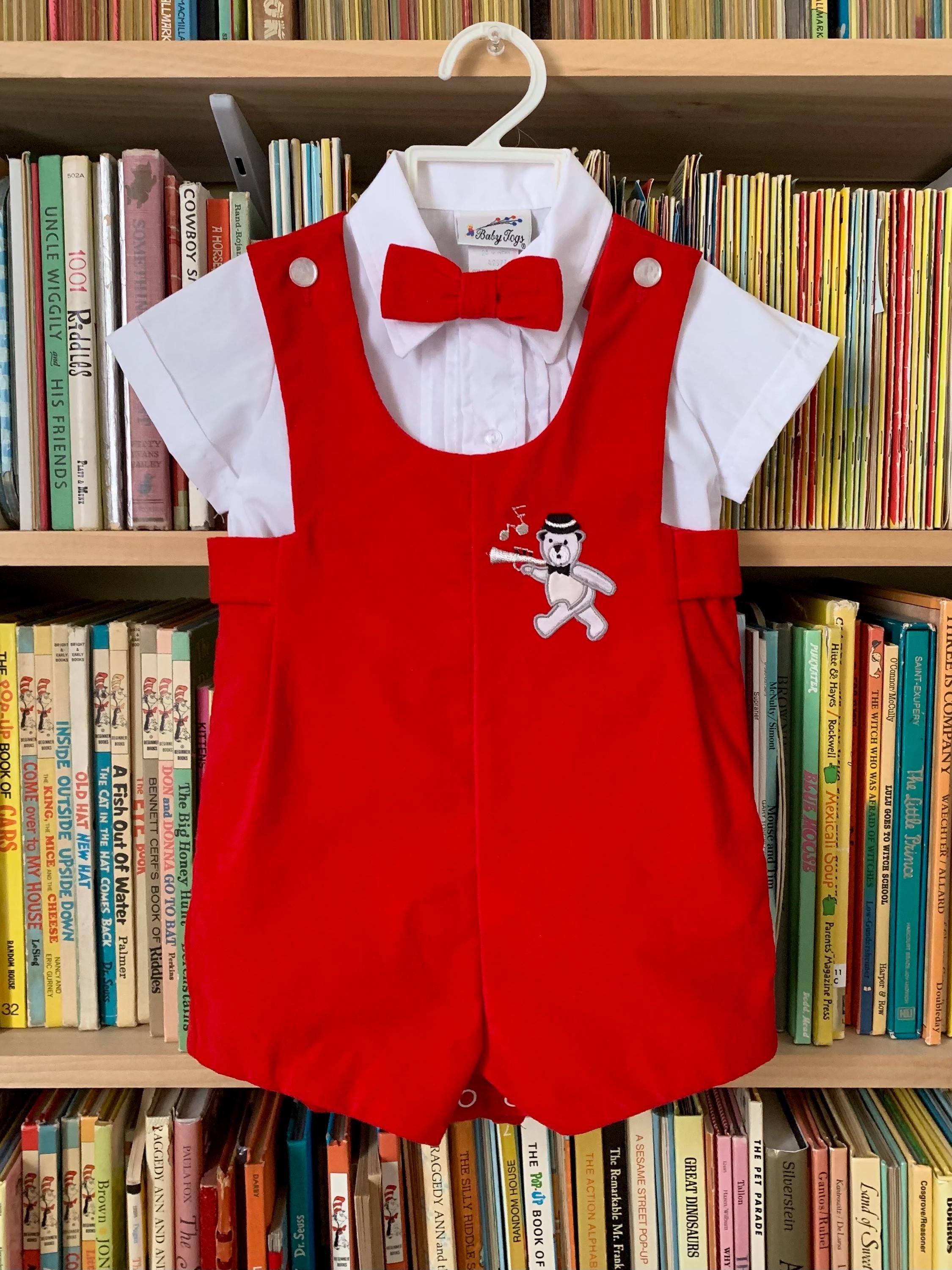 18-24M Vintage 1980s Baby Togs Toddler Outfit: Button-Down Shirt, Bow Tie & Red Velveteen Jon Jon with Bear Applique NWOT