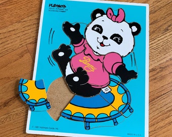 Vintage 1980s Toddler Puzzle, Shirt Tales Pammy Panda Playskool Woodboard Frame Tray Puzzle 8 Pieces