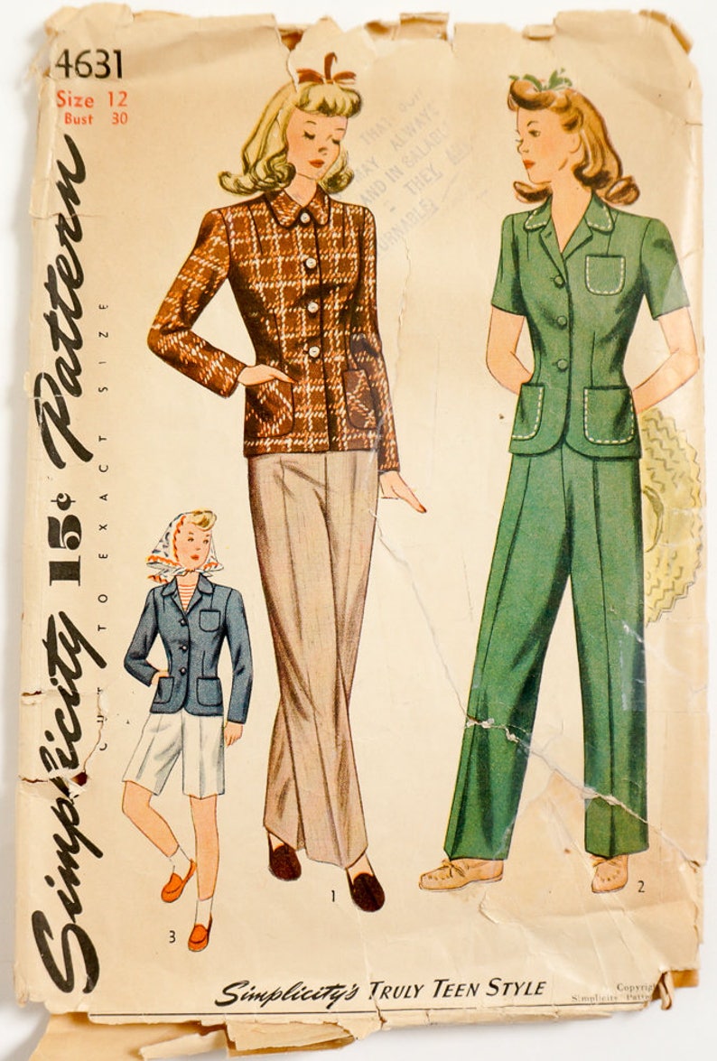 Vintage 1940s Girls Size 12 Slacks Shorts and Jacket Simplicity Sewing Pattern 4631 Complete / b30 w25 image 2