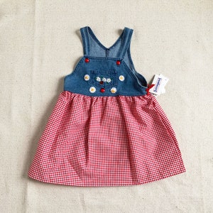 Size 6 Vintage 1990s Girls Dress, Buster Brown Suspender Dress w/ Lady Bug Buttons NWT image 1