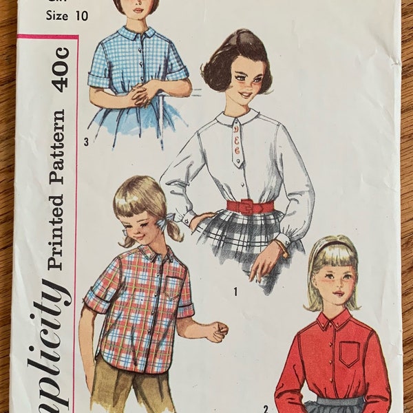 Vintage 1960s Sewing Pattern, Size 10 Girls Buttoned Shirt, Casual or Dressy Button Front Shirt w/ Monogram Option, Simplicity 3613