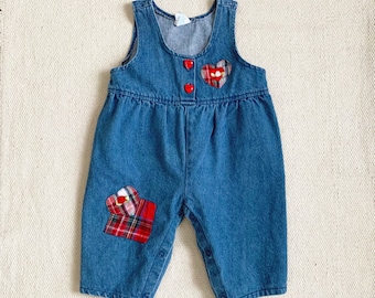 6-9M Vintage 1980s Baby Girl Jumpsuit, Hopscotch Denim Jumpsuit w/ Heart Buttons Applique
