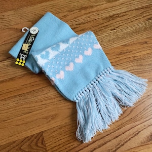 Vintage 1980s Kids Heart Pattern Acrylic Scarf - Light Blue Fringed NWT Cozy Winter Accessory