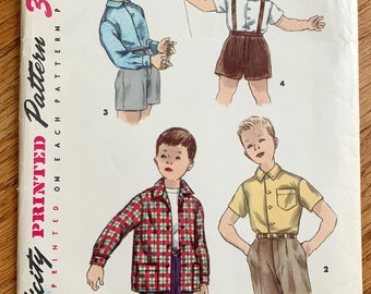 Vintage 1950s Sewing Pattern, Size 1 Boys Buttoned Front Shirt Jacket or Dress Shirt, Simplicity 1369