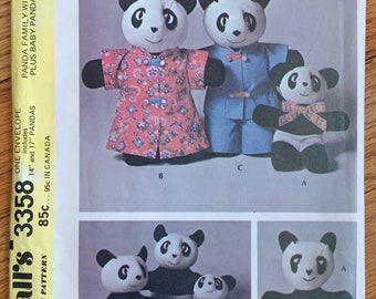 Vintage 1970s Sewing Pattern, Panda Family 14" 17" Plush Toy with Clothes Plus Baby Panda Sock Toy, McCalls 3358 UNCUT