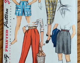 Vintage 1950s Sewing Pattern, Size 7 Girls Short Shorts Bermuda Shorts Pedal Pushers and Straight Slacks, Simplicity 1128