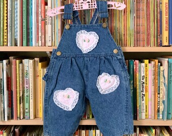 3-6M Vintage 1980s Baby Girl Overalls, Hopscotch Denim Overalls w/ Lacey Heart Appliques Ruffled Saddle