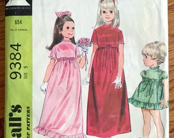 Vintage 1960s Sewing Pattern, Size 5 Girls Mini Length One Piece Dress or Maxi Length Formal Dress McCalls 9384