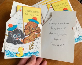 Vintage 1950s Easter Card for Grandpa, Rust Craft Greeting Card with Envelope UNUSED, Puppies in Sailboat