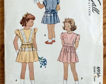 Vintage 1940s Sewing Pattern, HTF Size 6 Girls One Piece Dress, Mini Length Party Dress, McCall 6956