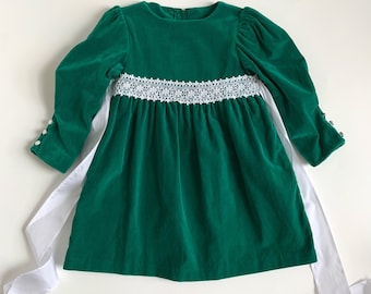 Vintage 1980s Girls Dress Size 3, Bryan Emerald Green Velvet Party Dress w/ Juliet Sleeves