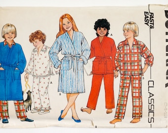 Vintage 1980s Sewing Pattern, Size 7 8 10 Childs Two Piece Pajama and Loose Fitting Robe Butterick 6974 UNCUT