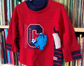 Vintage Childs Top 3-4T, Sesame Street Cookie Monster Soccer Pullover Top NWT, Red Navy Blue Stretch Knit Top