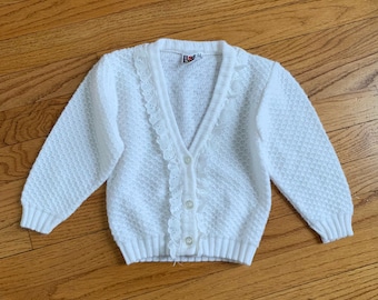2-3T Vintage 1980s Toddler Girl&#39;s White Cardigan Sweater with Ruffle Eyelet Trim NWOT