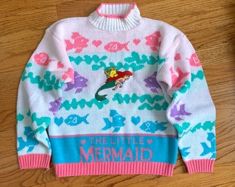 Girls 7-8 Vintage 1990s Disney Little Mermaid Acrylic Sweater w/ Embroidered Ariel Flounder Applique VGC