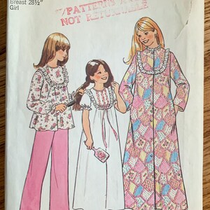 May include: A vintage Simplicity sewing pattern for a girl's nightgown and robe. The pattern is for sizes 10, with a bust measurement of 28 1/2 inches. The pattern features a floral print and a patchwork design. The text on the pattern reads "7202 Simplicity $115, Patterns are not returnable, Canada 1.25".