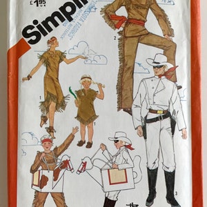 May include: Simplicity sewing pattern number 5298 for boys and girls sizes 10-12. The pattern includes instructions for making four costumes: a Native American costume, a Lone Ranger costume, and two versions of a horse costume. The pattern cover features illustrations of the costumes.