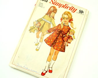 Vintage 1960s Girls Size 2 One Piece Dress and Rag Doll Simplicity Sewing Pattern 6813 / chest 21 / Complete