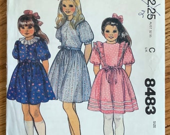 Size 7 Girls Prairie Style Dress and Tie Belt Annies Clothes Line McCalls 8483 FF, Vintage 1980s Sewing Pattern
