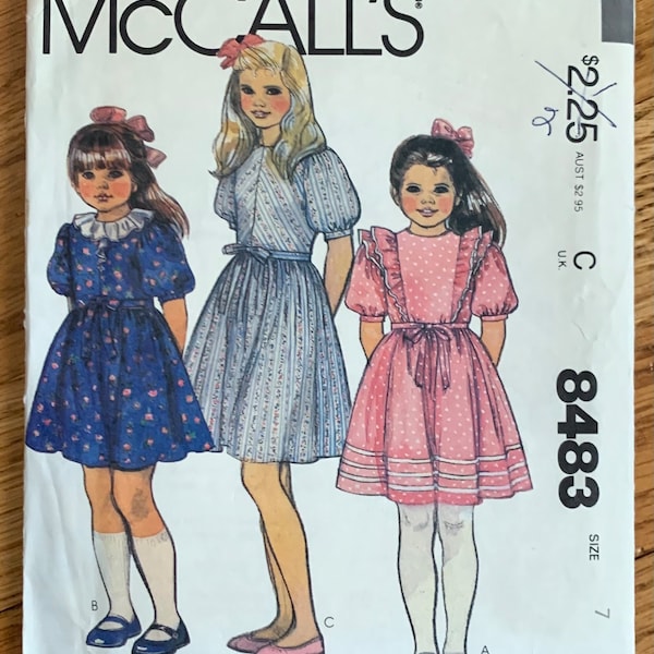 Size 7 Girls Prairie Style Dress and Tie Belt Annies Clothes Line McCalls 8483 FF, Vintage 1980s Sewing Pattern