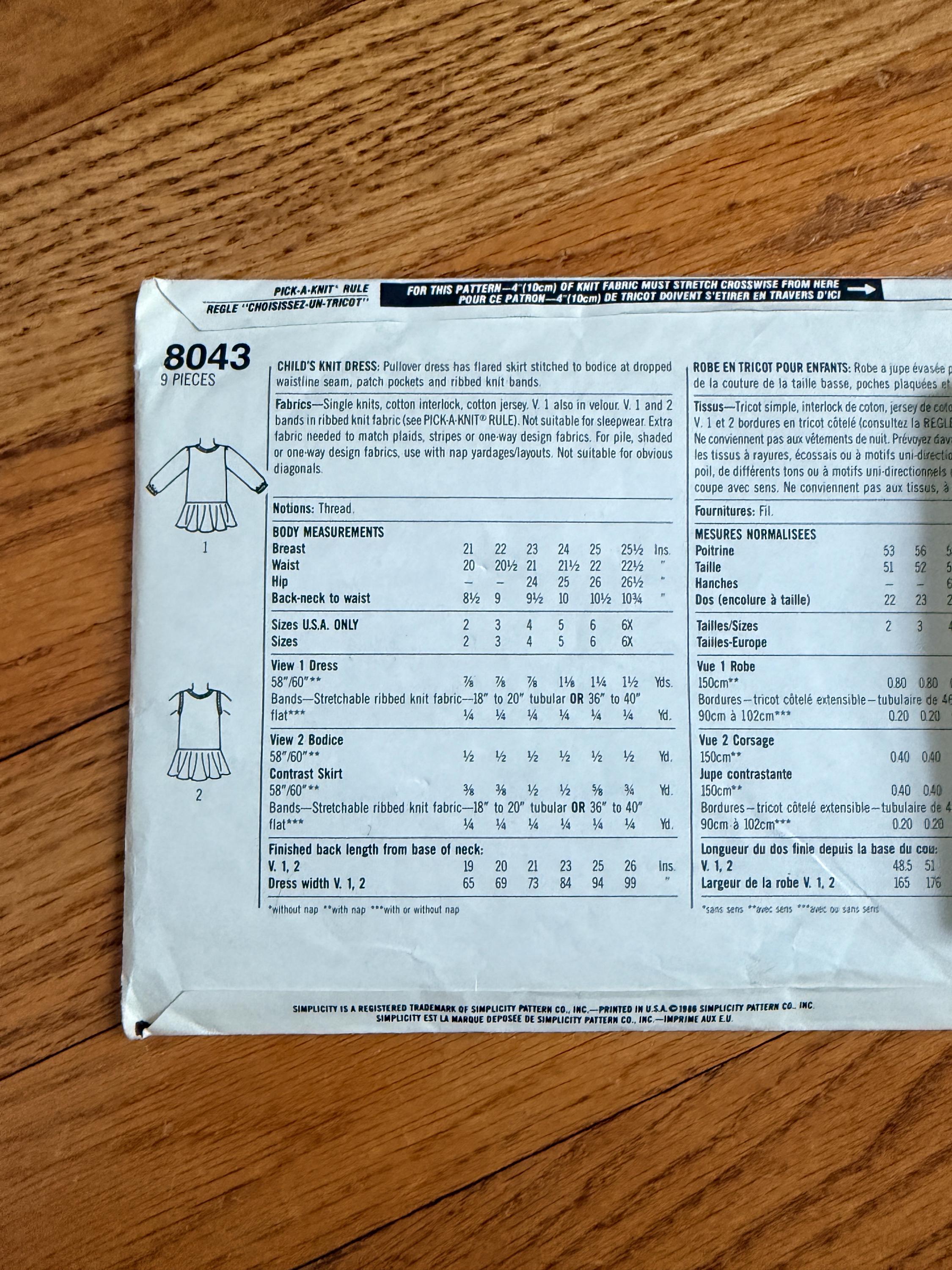 80s Girls Drop Waist Knit Dress Sewing Pattern - Simplicity 8043 FF ...