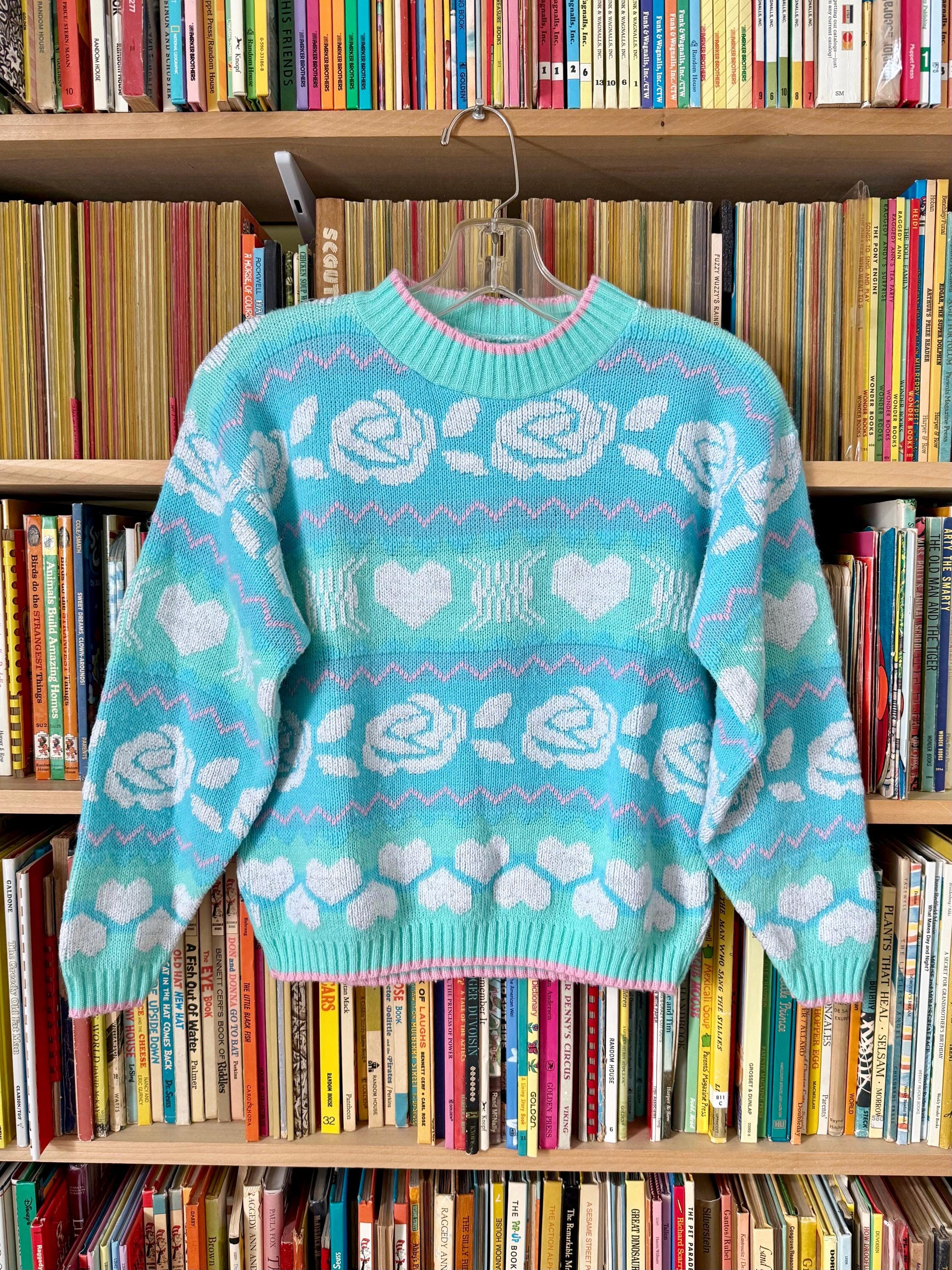 Kids 8-10 Vintage 80s Flowers & Hearts Pastel Sweater With Silver 