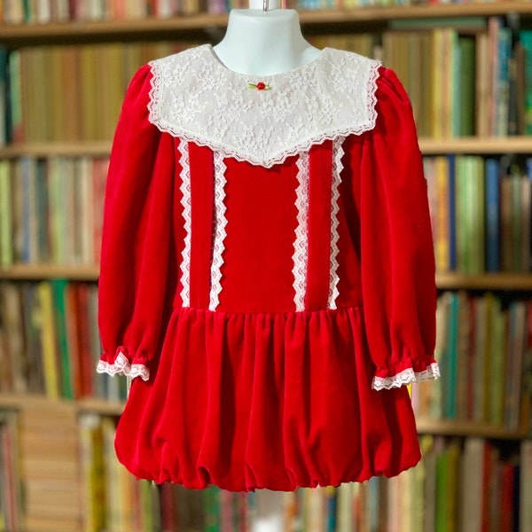 Girls 5 Vintage 1980s Dress, Evy Red Velvet Mini Party Dress w/ Bubble Skirt AS-IS