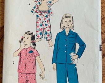 Vintage 1950s Sewing Pattern, Size 10 Girls Two Piece Pajamas, Buttoned Front Top and Long Pants, Advance 7874