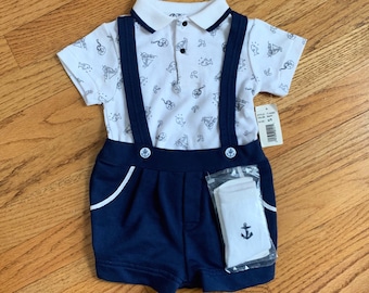 6M Vintage 1980s Baby Clothing Set, Stretch Knit Nautical Polo Top Suspender Shorts and Socks NWT