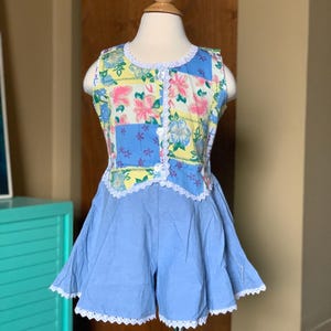 2-3T Vintage 90s Jordache Girls Romper - Mock Vest, Floral Chambray Cotton, Skort Style NWOT
