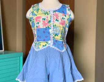2-3T Vintage 90s Jordache Girls Romper - Mock Vest, Floral Chambray Cotton, Skort Style NWOT