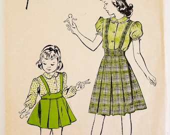 Vintage 1940s Sewing Pattern, Size 4 Girls Button Up Blouse and Suspender Skirt Advance 4181 Complete, b23 w21"