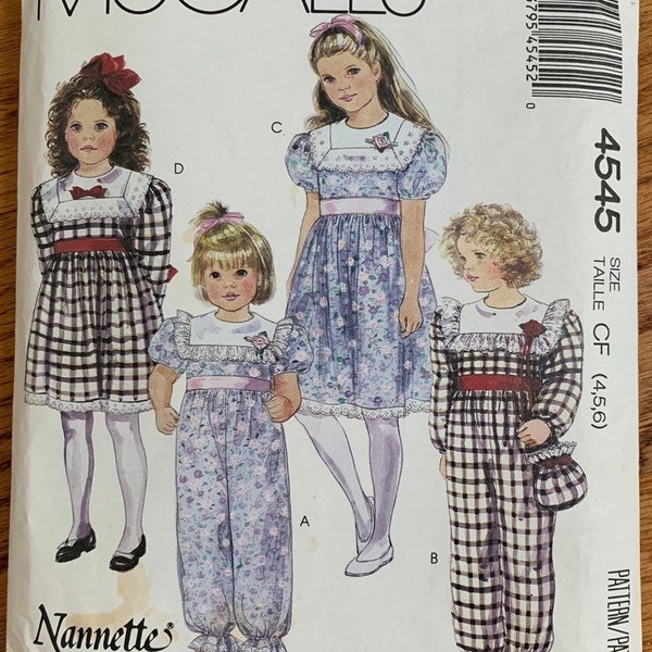 Size 4 5 6 Girls Nannette Jumpsuit One Piece Dress and Bag McCalls 4545 MISSING Elastic Guide, Vintage 1980s Sewing Pattern