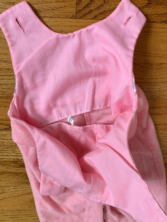 3-6M Vintage 1960s Thomas Baby Pink Velour Overalls W/ Duck