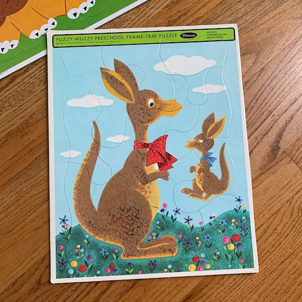 Vintage 1960s Childrens Puzzle, Whitman Fuzzy Wuzzy Frame Tray Puzzle EXC, Kangaroo Flocked Puzzle