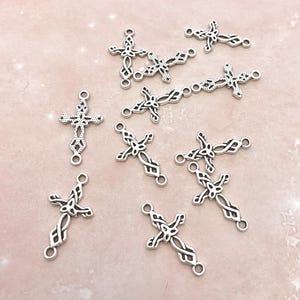 10 Filigree Celtic Cross Connector Charms Sideways Cross 22mm x 13mm Antique Silver Tone