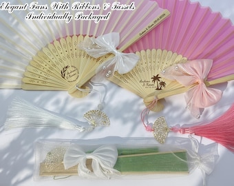 Custom Hand Fan with Ribbon Bow & Tassel/Bulk Wedding Favors/Wedding Favor Fans/Wedding Party Favors/Bridal Shower Favors/Folding Hand Fans