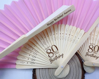 Personalized 80th Birthday Folding Hand Fans, Bulk Custom 5th, 50th, 60th, 90th Birthday Party Favors, Engraved Cloth Fans for Music Concert
