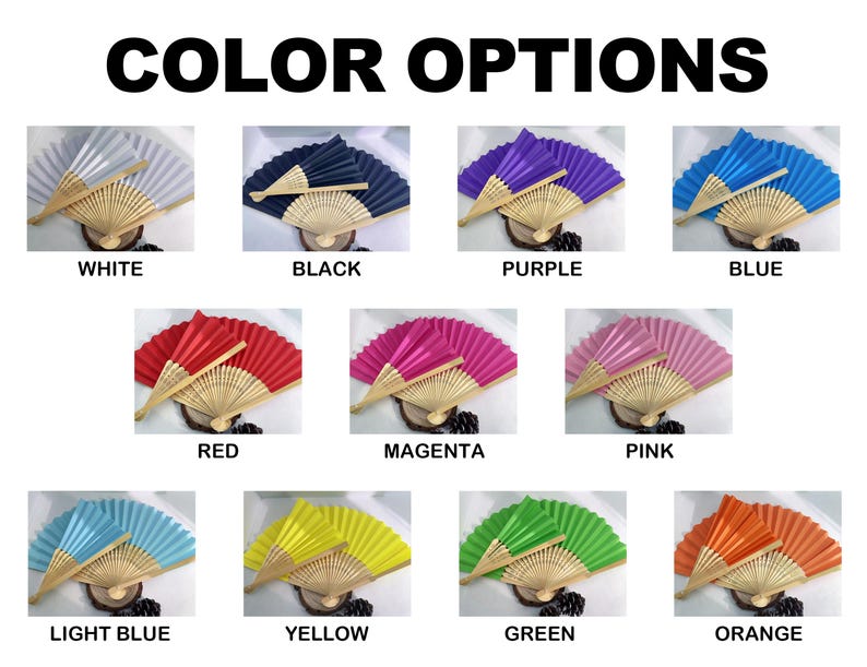 May include: A variety of colorful hand fans are displayed, each with a bamboo handle and pleated paper. The available colors include white, black, purple, blue, red, magenta, pink, light blue, yellow, green, and orange. The text "COLOR OPTIONS" is at the top.