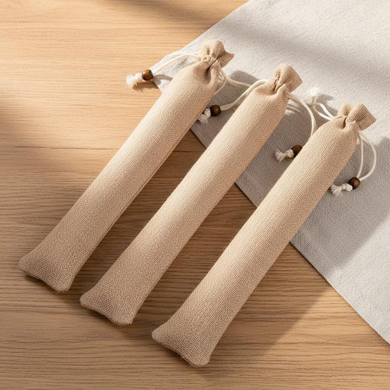 May include: Three beige linen pouches with drawstring closures and wooden bead accents. The pouches are cylindrical and appear to be filled. They are arranged diagonally on a light-colored surface, suggesting a natural or rustic theme.