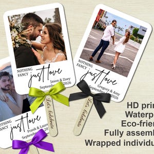 May include: Three wedding fan favours with photos of couples. Each fan has a photo, the words "NOTHING FANCY just love" and the couple's names and wedding date. Each fan has a ribbon and a wooden stick that says "Let's Celebrate".